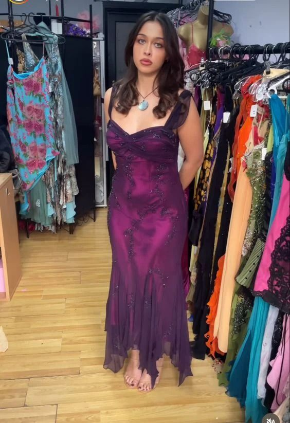 Vintage Purple Beaded Long Prom Gown Formal Evening Party Dress J4666