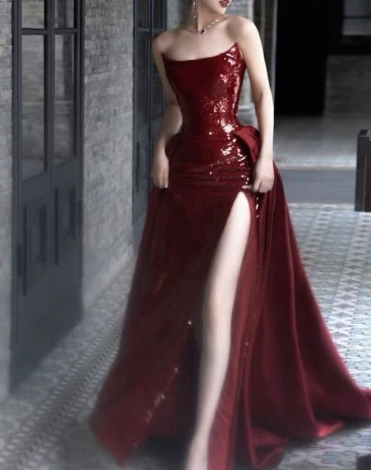 Strapless Burgundy Sequin Long Prom Dress Slit Evening Dress J4671