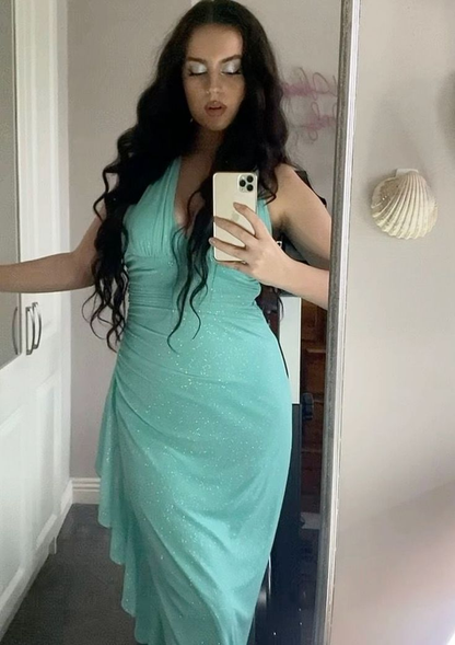 Robe de bal à volants scintillants bleu Tiffany, col en V, robe de soirée formelle J4688
