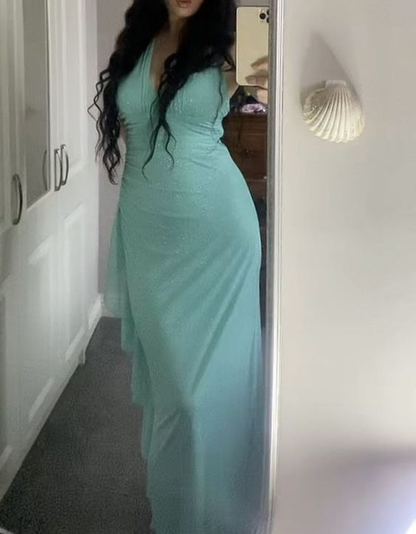 Robe de bal à volants scintillants bleu Tiffany, col en V, robe de soirée formelle J4688