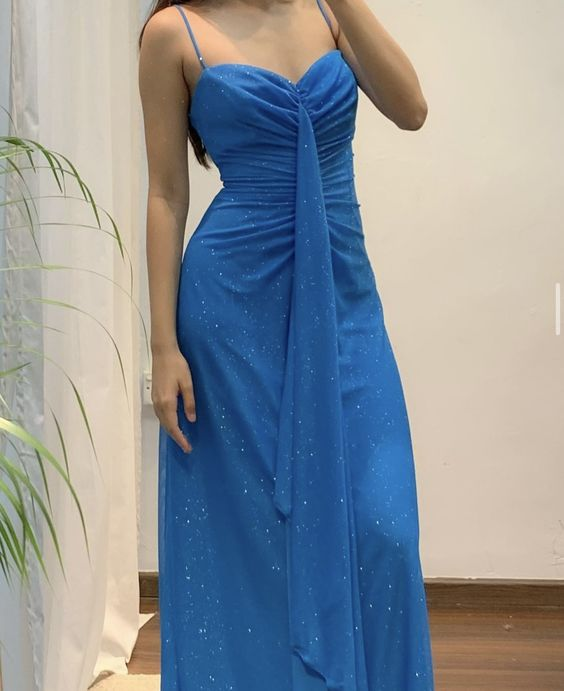 Spaghetti Straps Blue A Line Long Prom Dress Sparkling Vintage Formal Party Gown J4692