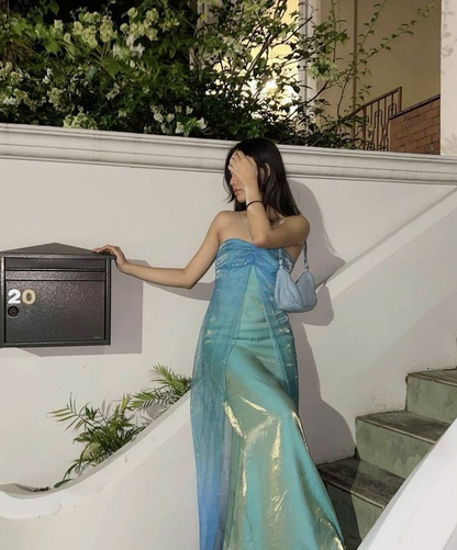 Robe de soirée longue bleue sans bretelles J4696