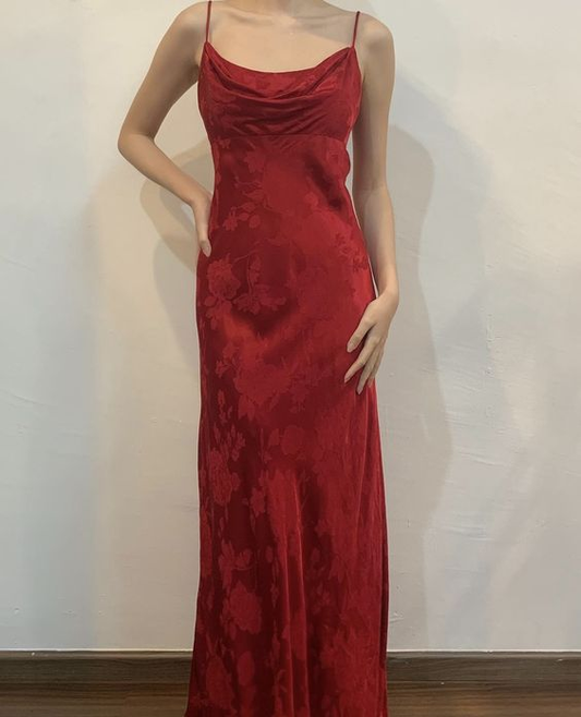 Spaghetti Straps Red Printed Long Prom Dress Vintage Formal Dress J4702