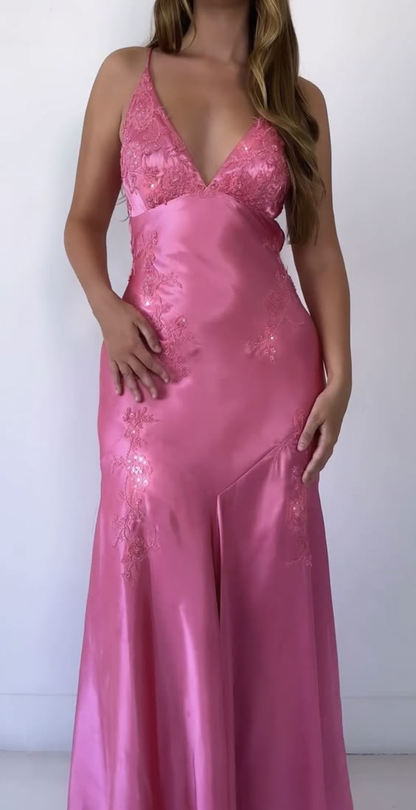 V-Ausschnitt Rosa Applikation Langes Ballkleid Vintage Abendkleid J4704