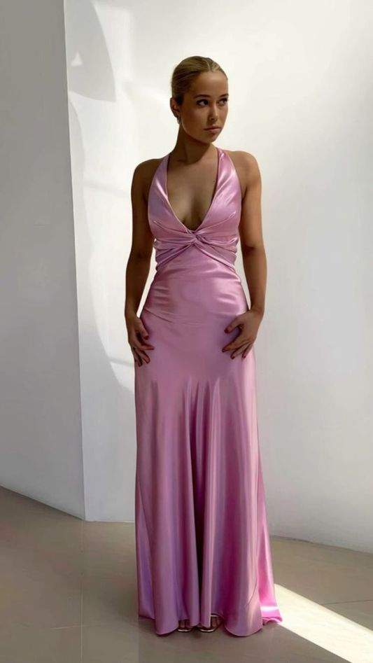 Halter Pink V Neck Long Prom Dress Formal Party Dress J4706