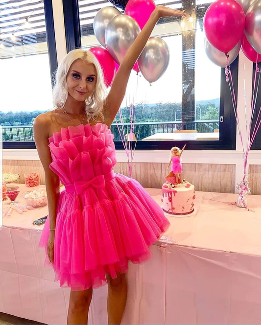 Hot Pink Tulle Ruffles Homecoming Dresses Mini Party Dress J4018