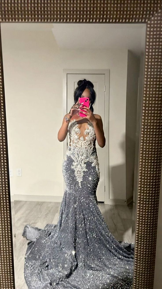 Gray Sequin Mermaid Long Prom Dress Lace Black Girl Evening Gown J4721