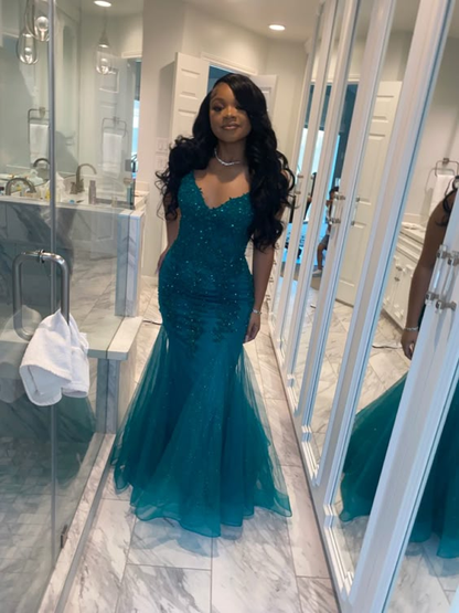 Robe de soirée sirène en tulle vert émeraude et dentelle J4723