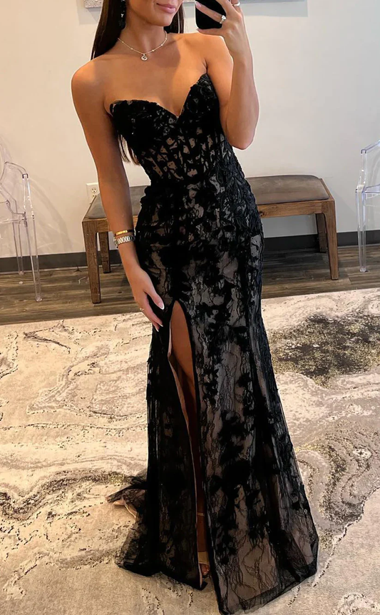 Sweetheart Black Lace Long Prom Dresses Mermaid Evening Dress J4023