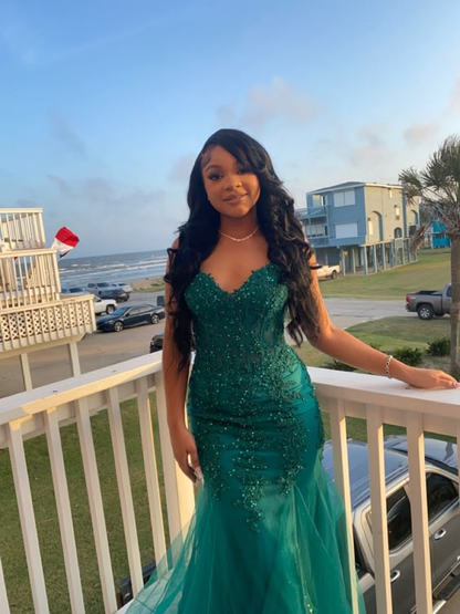 Robe de soirée sirène en tulle vert émeraude et dentelle J4723