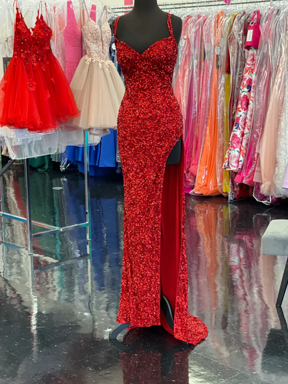 Robe de bal longue rouge scintillante à paillettes et fente J4024