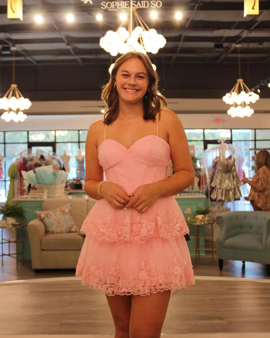 Sweet Pink Lace Homecoming Dress Short Prom Dress J4032