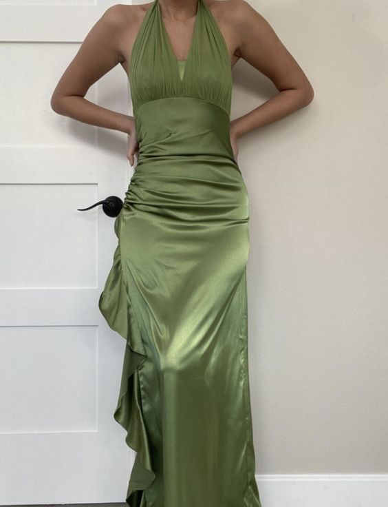 Halter Green Satin Long Prom Dress Ruffle Formal Party Gown J4735