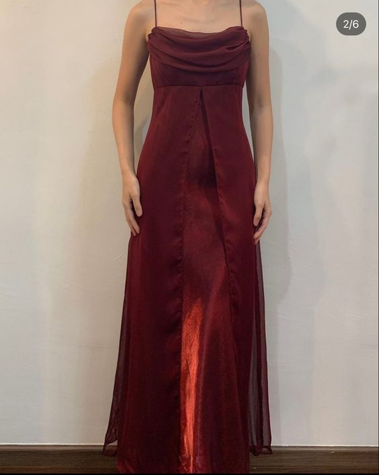 Spaghetti Straps Burgundy A Line Long Prom Dress Vintage Party Dress J4740