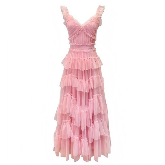 Pink A Line Layered Long Prom Dress Formal Party Dress J4741