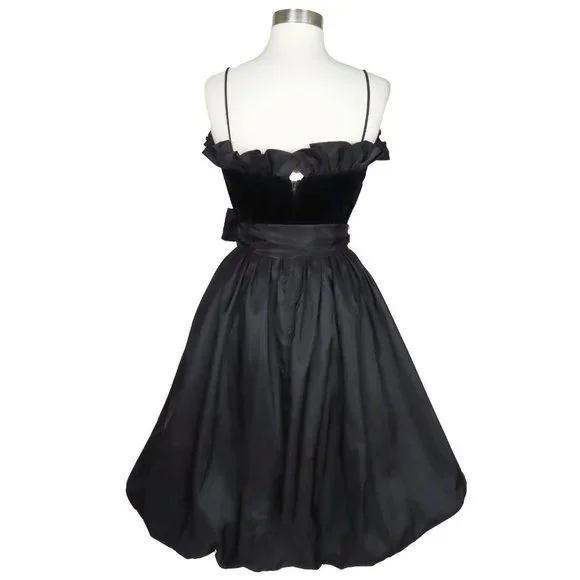 Spaghetti Straps Black A Line Short Prom Dress Vintage Ruffle Party Dress J4749