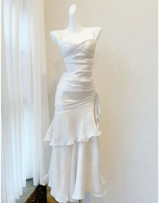 Spaghetti Straps White A Line Prom Dress Vintage Ruffle Formal Dress J4750