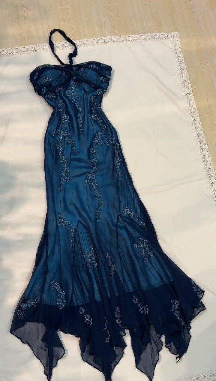 Halter Mermaid Blue Beaded Prom Dress Vintage Ruffle Formal Dress J4751