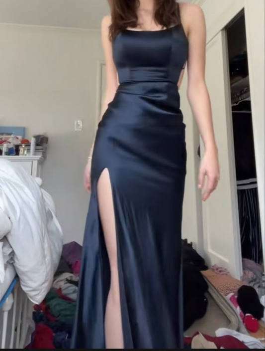 Spaghetti Straps Satin Long Prom Dress Slit Formal Evening Dress J4762