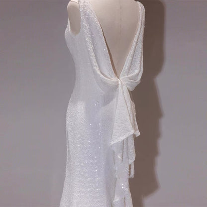 Robe de mariée sirène blanche à paillettes, robe de soirée d'anniversaire formelle J4767