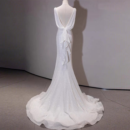 Robe de mariée sirène blanche à paillettes, robe de soirée d'anniversaire formelle J4767