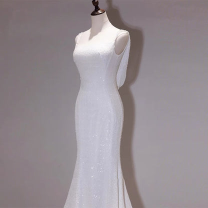 Robe de mariée sirène blanche à paillettes, robe de soirée d'anniversaire formelle J4767