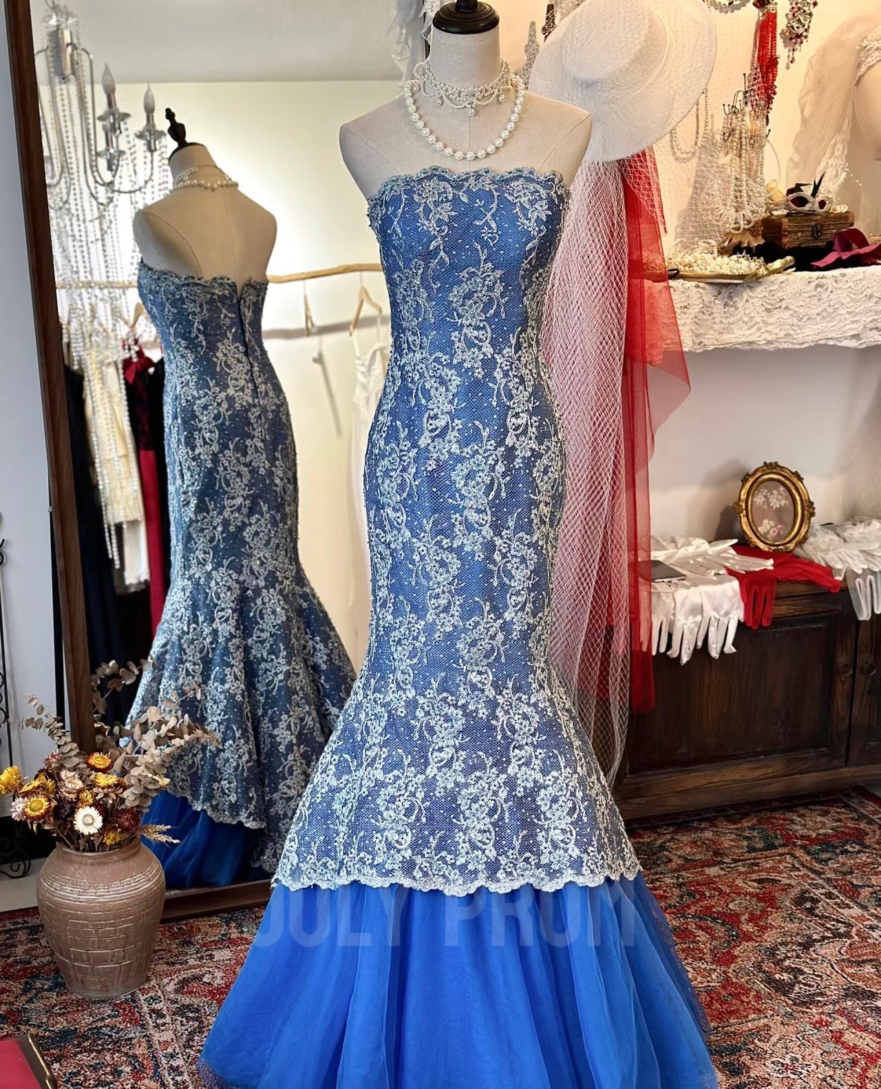 Strapless Blue Mermaid Lace Prom Dress Elegant Wedding Gown J4772