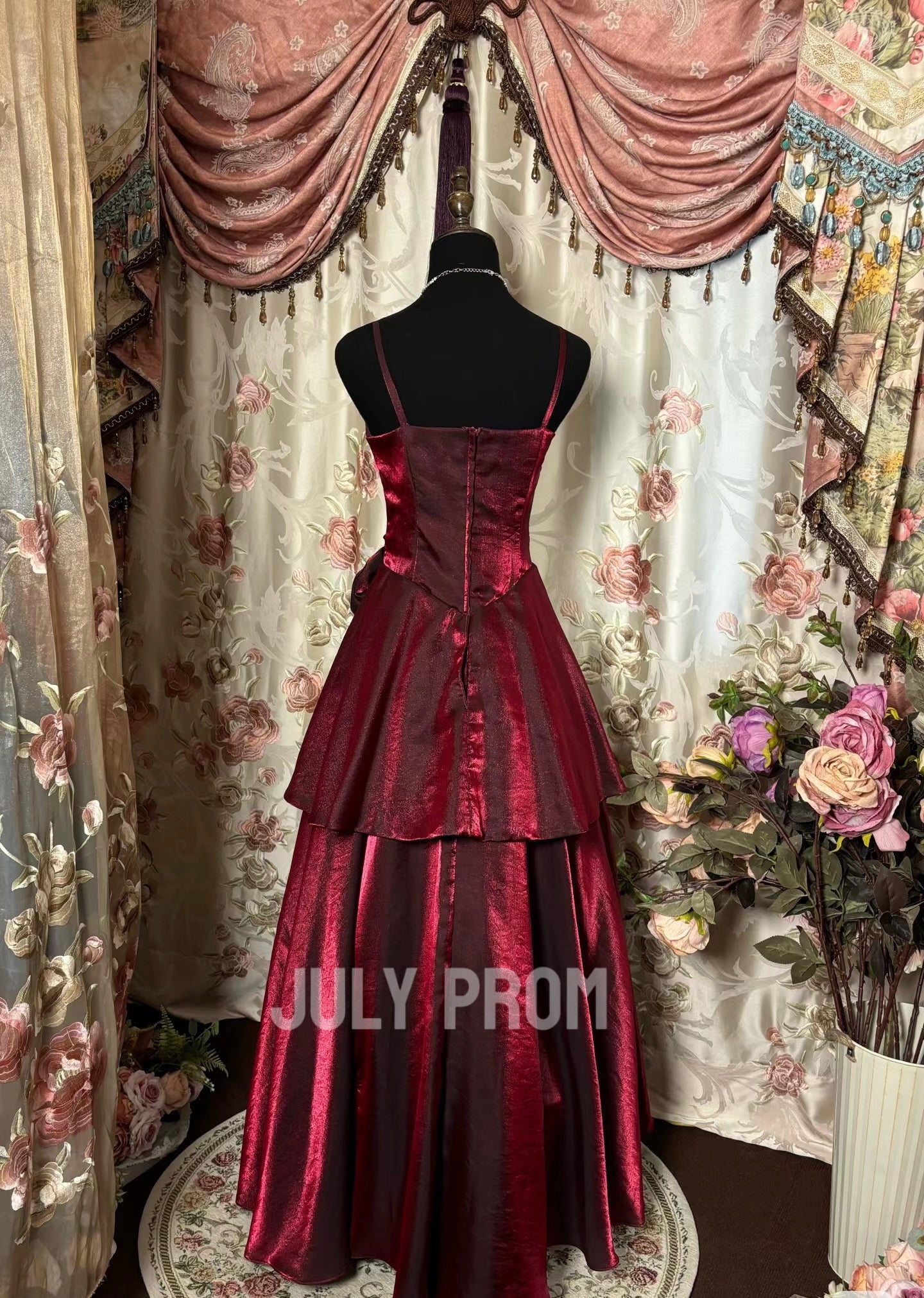 Spaghetti Straps Burgundy A Line Formal Party Dress Vintage Long Prom Dress J4776