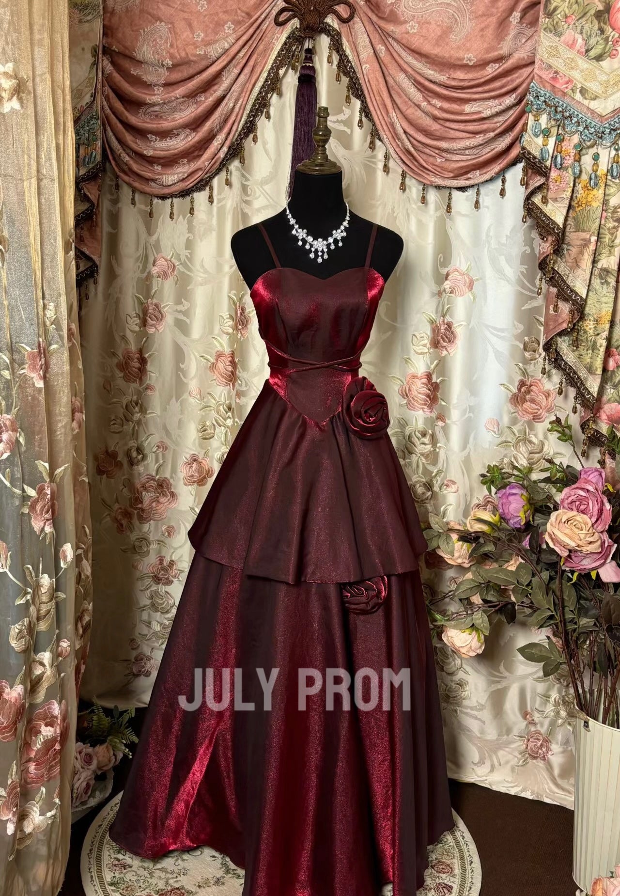 Spaghetti Straps Burgundy A Line Formal Party Dress Vintage Long Prom Dress J4776