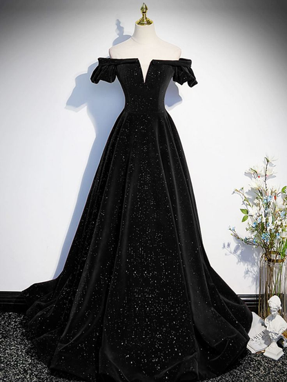 Schulterfreies A-Linien-Ballkleid aus Samt, lang, schwarz, funkelnd, formelles Kleid J4278