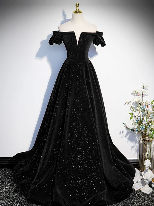 Off Shoulder A Line Velvet Long Prom Dress Black Sparkling Formal Dress J4278