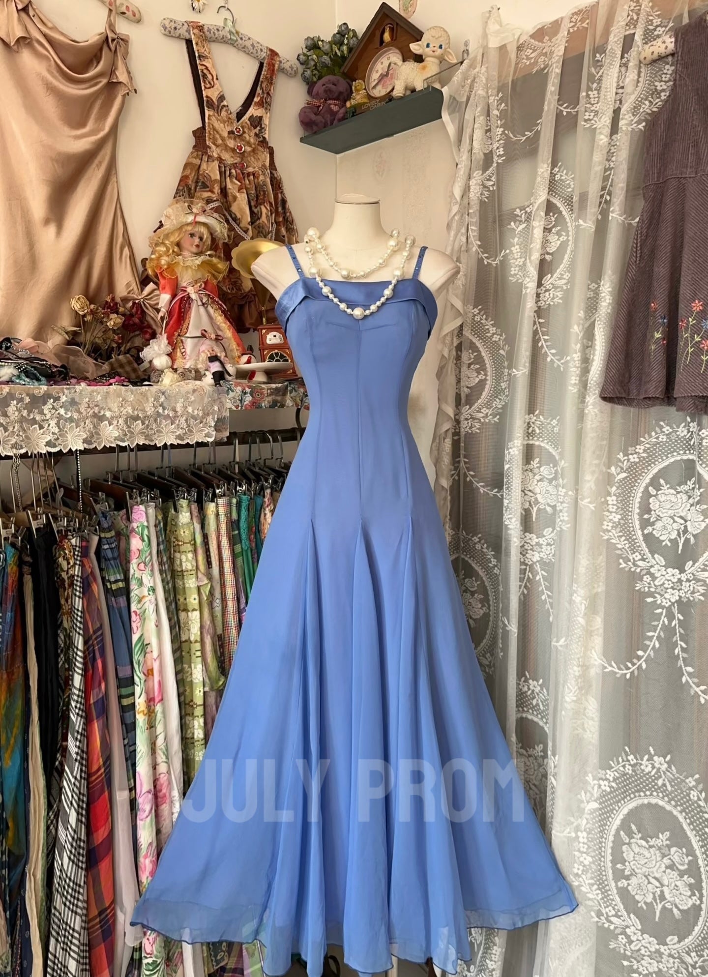 Spaghetti Straps Blue A Line Formal Party Dress Vintage Prom Dress J4779