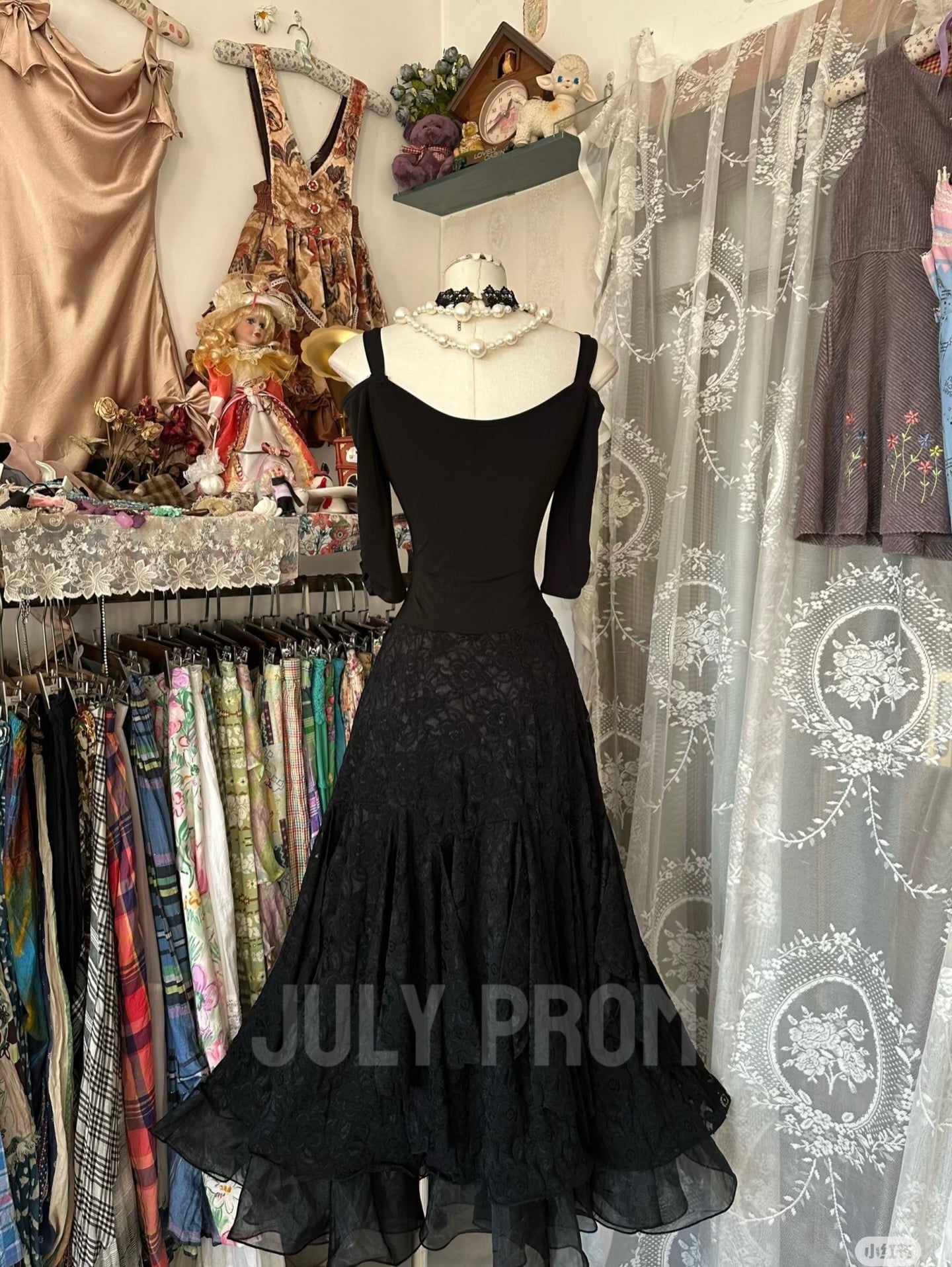 Black A Line Lace Formal Party Dress Vintage Prom Dress J4781