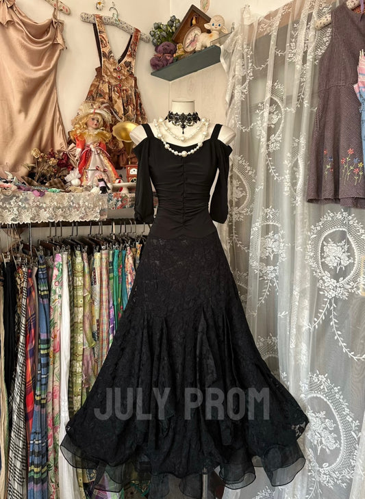 Black A Line Lace Formal Party Dress Vintage Prom Dress J4781