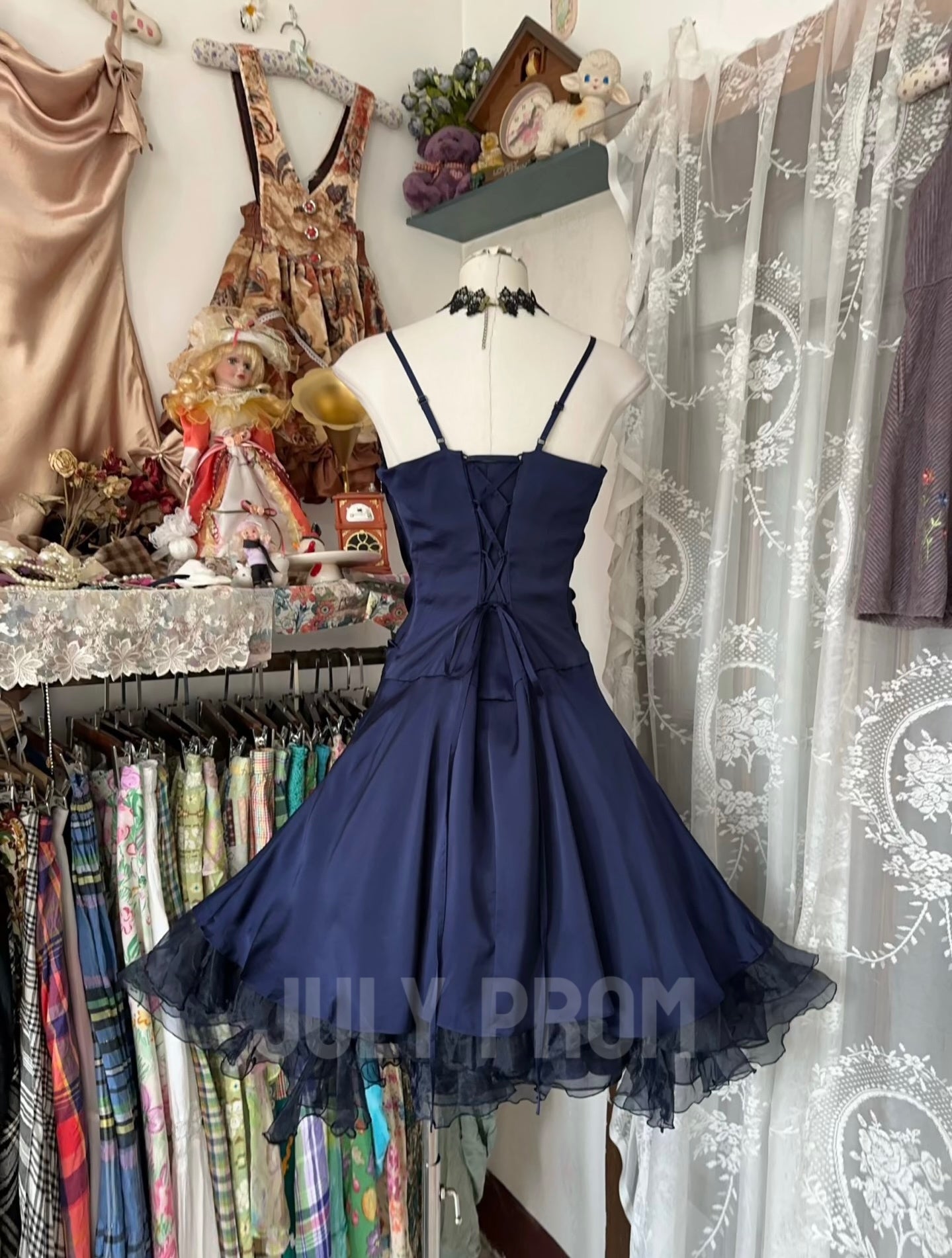 Spaghetti Straps A Line Navy Blue Formal Party Dress Vintage Prom Dress J4782