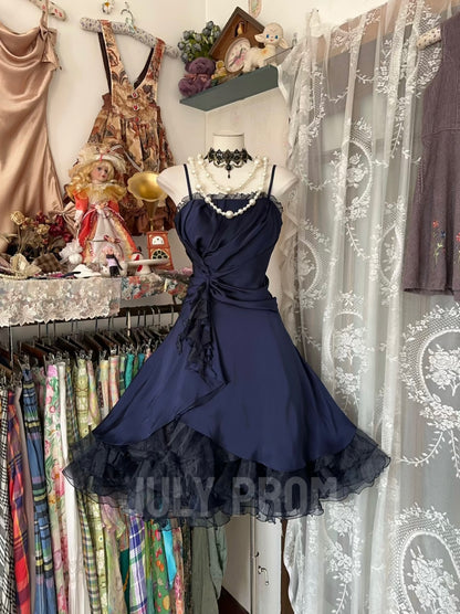 Robe de soirée formelle bleu marine à bretelles spaghetti et coupe trapèze, style vintage, J4782