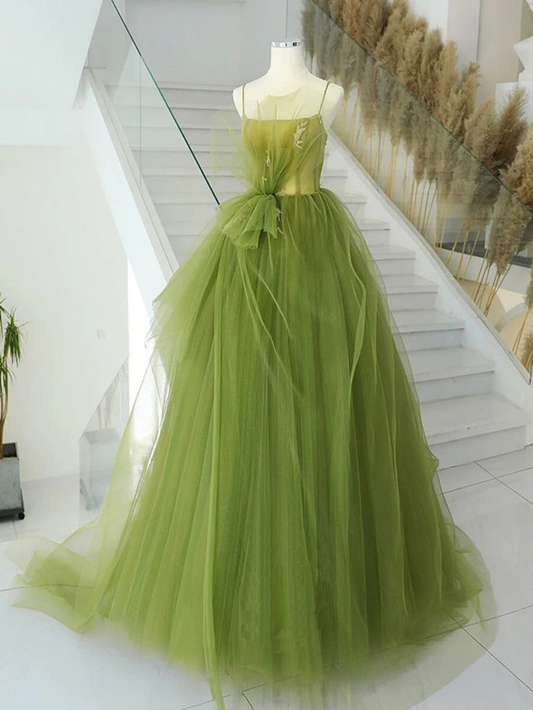 V Neck Green Tulle Long Prom Dresses Birthday Formal Evening Dresses J4282