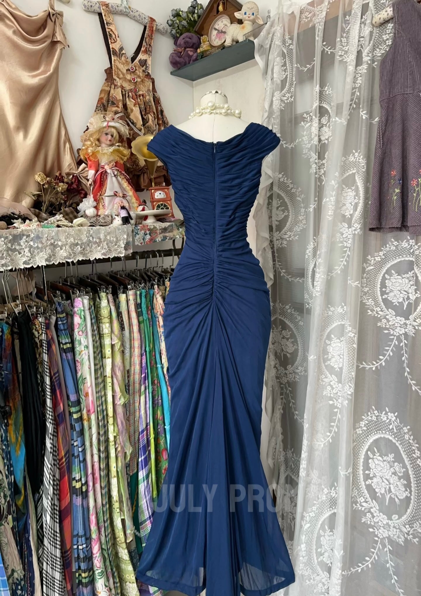 Navy Blue Mermaid Party Dress Vintage Long Prom Dress J4784