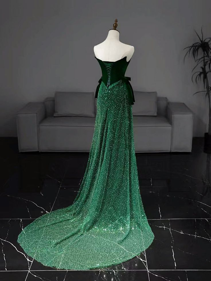 Robe de bal longue sirène à paillettes, robe de soirée longue verte J4284