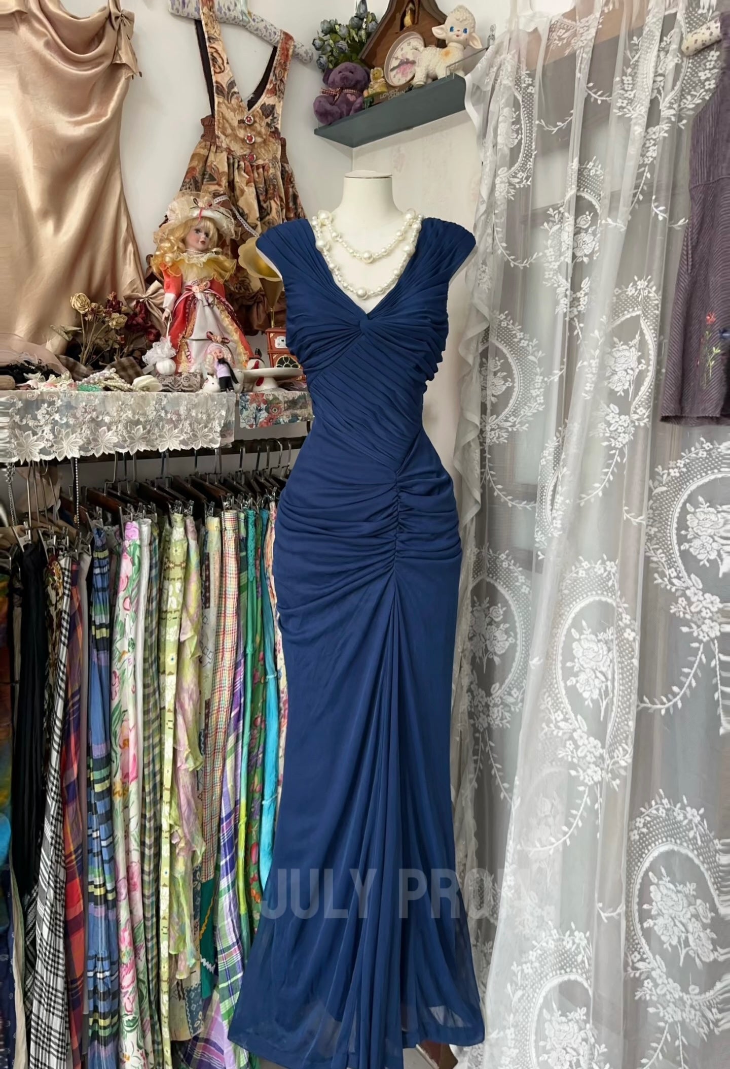 Navy Blue Mermaid Party Dress Vintage Long Prom Dress J4784