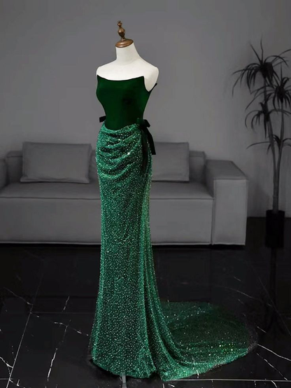 Robe de bal longue sirène à paillettes, robe de soirée longue verte J4284