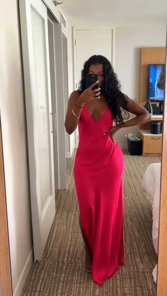 Hot Pink Formal Party Dress V Neck Sheath Long Prom Dress J4786