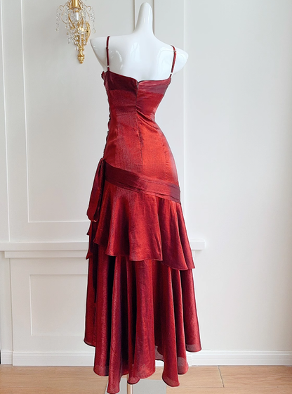 Robe de bal sirène bordeaux à bretelles spaghetti, longue, robe de soirée formelle J4797