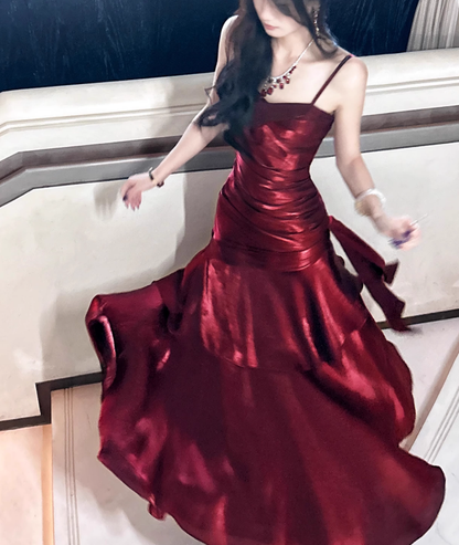 Robe de bal sirène bordeaux à bretelles spaghetti, longue, robe de soirée formelle J4797