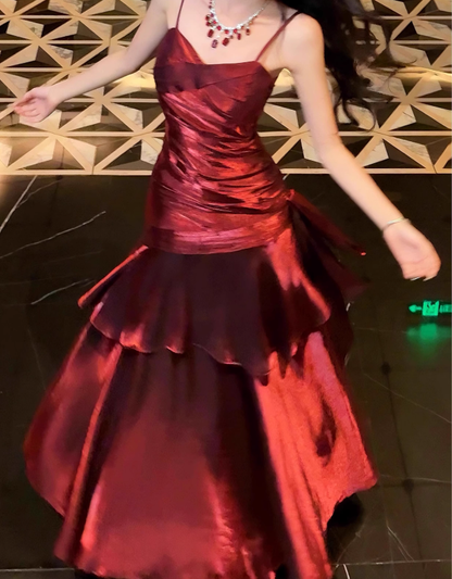 Robe de bal sirène bordeaux à bretelles spaghetti, longue, robe de soirée formelle J4797