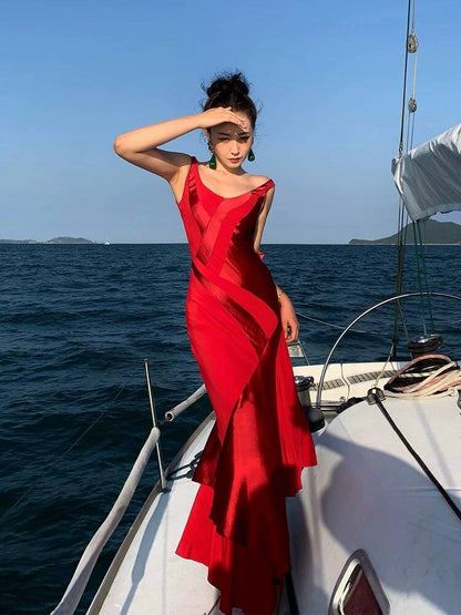 Robe de soirée longue rouge sirène à volants J4795