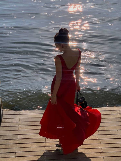 Robe de soirée longue rouge sirène à volants J4795