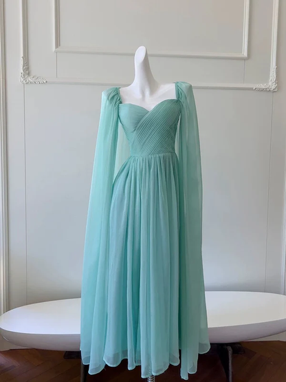 Robe de bal en mousseline de soie verte coupe trapèze, robe de soirée J4297