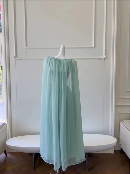 Robe de bal en mousseline de soie verte coupe trapèze, robe de soirée J4297