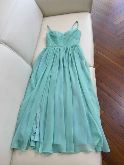 Robe de bal en mousseline de soie verte coupe trapèze, robe de soirée J4297